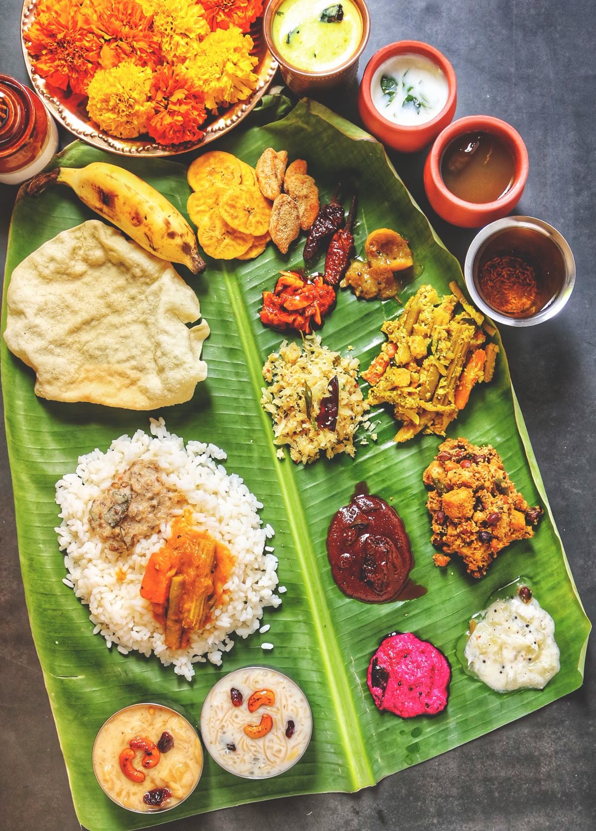 Festive South Indian vegetarian meal served on a banana leaf